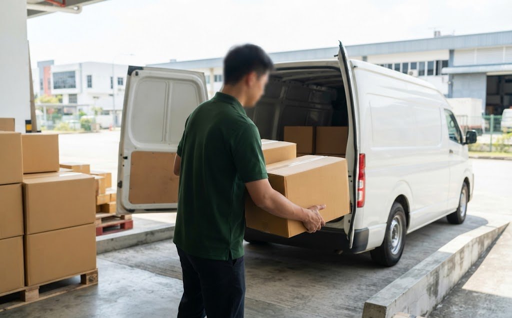Cartons being loaded onto a delivery van